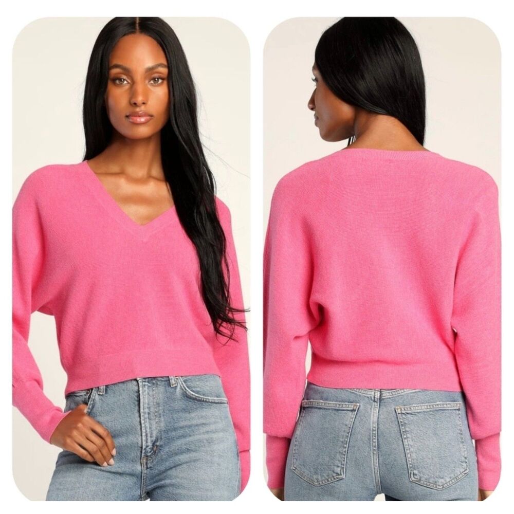 lulu's falling for knit hot pink long sleeve v neck pullover sweater size large